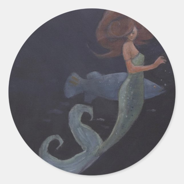 Meerjungfrau und Blauer Fisch Runder Aufkleber (Vorderseite)