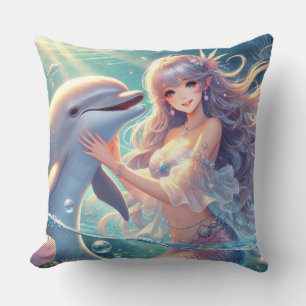 Meerjungfrau und Delphin Square Kissen