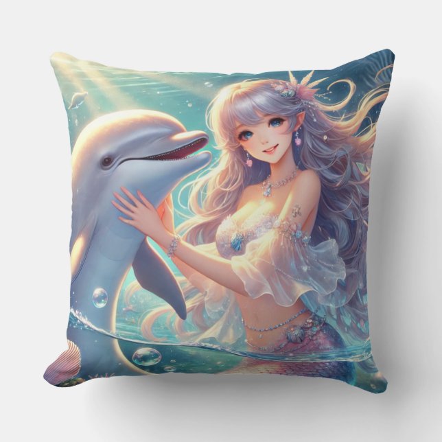 Meerjungfrau und Delphin Square Kissen (Vorderseite)