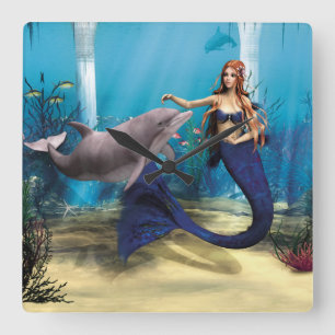 Meerjungfrau und Dolphin Quadratische Wanduhr