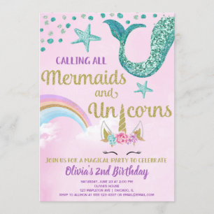 Meerjungfrau und Einhorn-Rosa-Gold aquamariner Geb Einladung