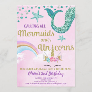 Meerjungfrau und Einhorn-Rosa-Gold aquamariner Geb Einladung