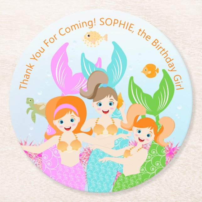 Meerjungfrau und Freundinnen Geburtstagsparty Runder Pappuntersetzer (Vorderseite)