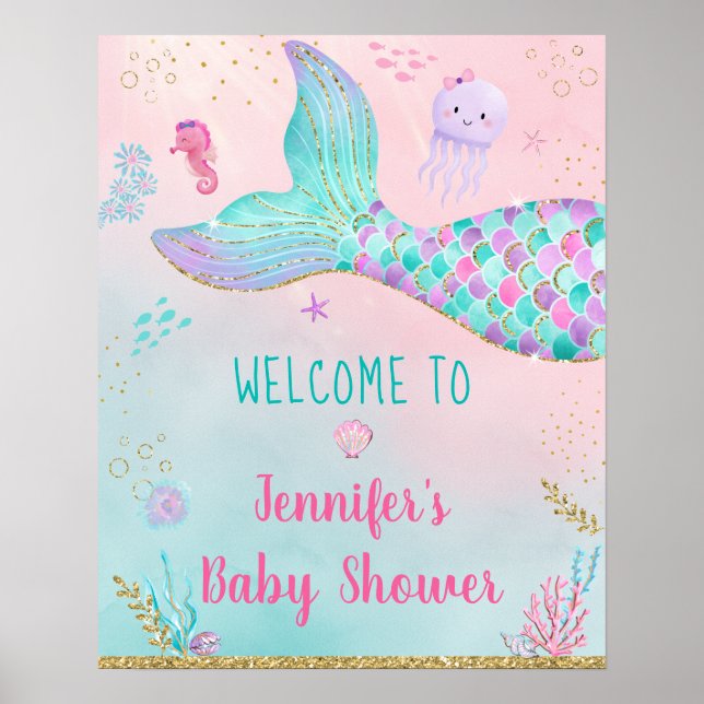 Meerjungfrau unter der Sea Gold Baby Dusche willko Poster (Vorne)