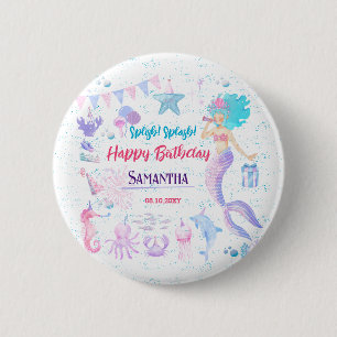 Meerjungfrau unter Meeresrosa Lila 1. Geburtstag Button