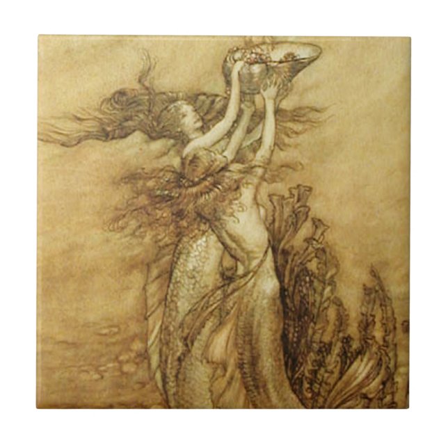 Meerjungfrauen, die für Perlen-Fliese fischen Fliese (Vorderseite)