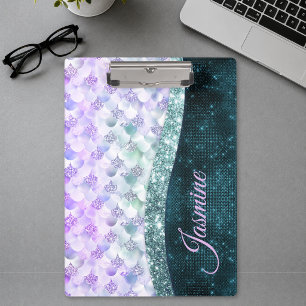 Meerjungfrauen-Haut Teal Silber Faux Glitter Monog Klemmbrett