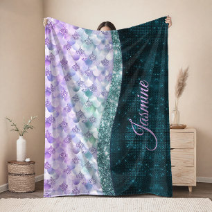 Meerjungfrauen-Haut Teal Silber Faux Glitter Monog Sherpadecke
