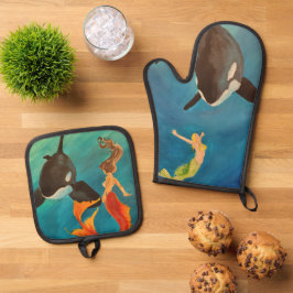 Meerjungfrauen mit Orcas Ofenhandschuh & Topflappen-Set