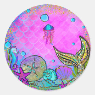 Meerjungfrauen & Muscheln Rosa Glitzernde Party Runder Aufkleber