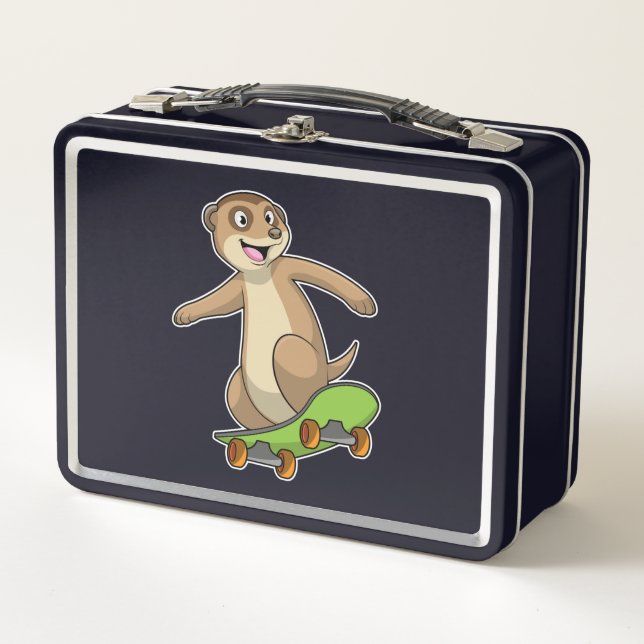 Meerkat als Skater mit Skateboard Metall Brotdose (Vorderseite)