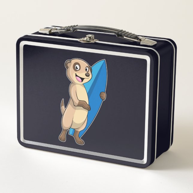 Meerkat als Surfer mit Surfboard Metall Brotdose (Vorderseite)