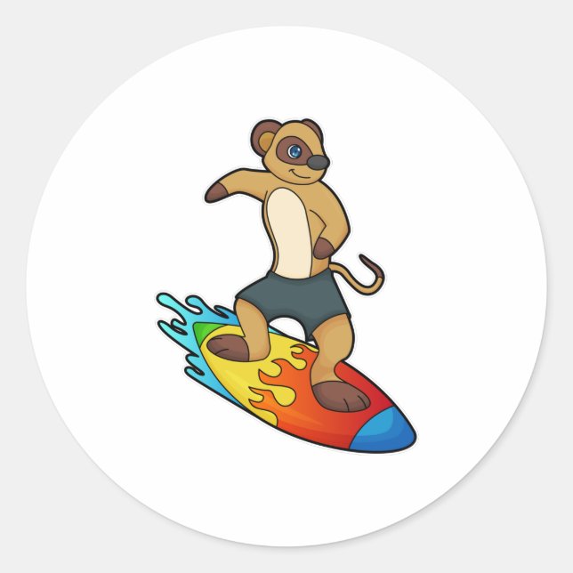 Meerkat als Surfer mit Surfboard Runder Aufkleber (Vorderseite)