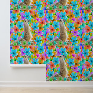 Meerkat And Multi Coloured Blossoms Tapete