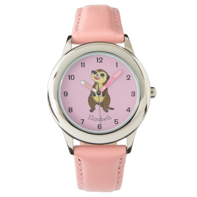 Meerkat Cartoon Einfache rosa Kinder Name Beobacht Armbanduhr (Vorderseite)