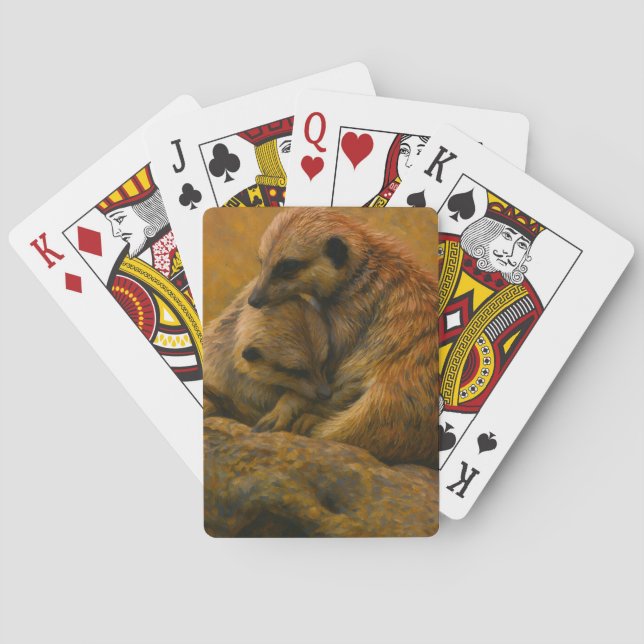 Meerkat Cuddle - erdgetönte Malerei auf wild leben Spielkarten (Rückseite)