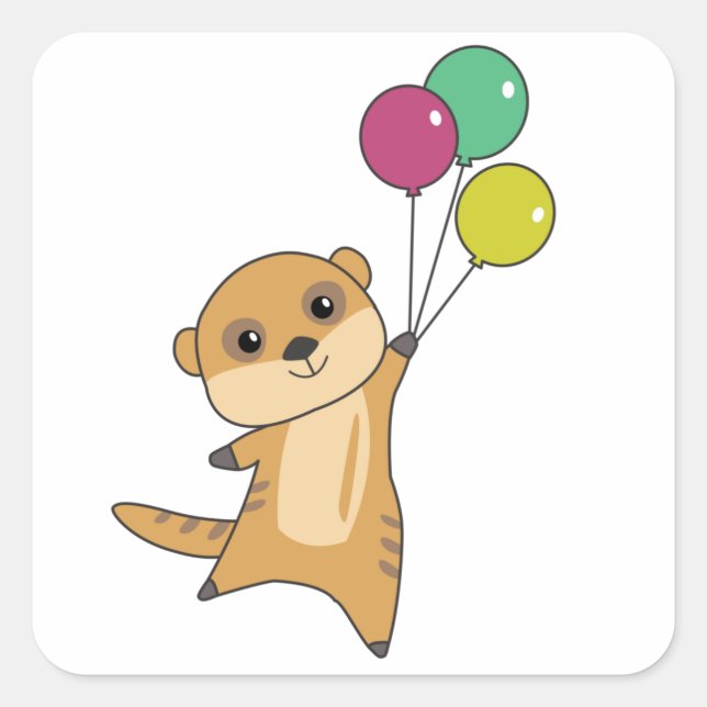 Meerkat fliegt mit Balloons-Niedlichen Tieren für  Quadratischer Aufkleber (Vorderseite)