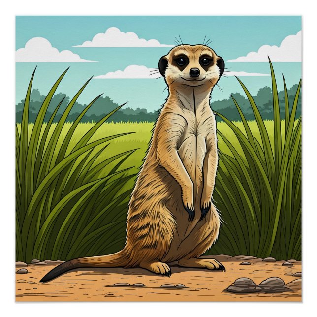Meerkat standing alert in a field of grass poster (Vorderseite)