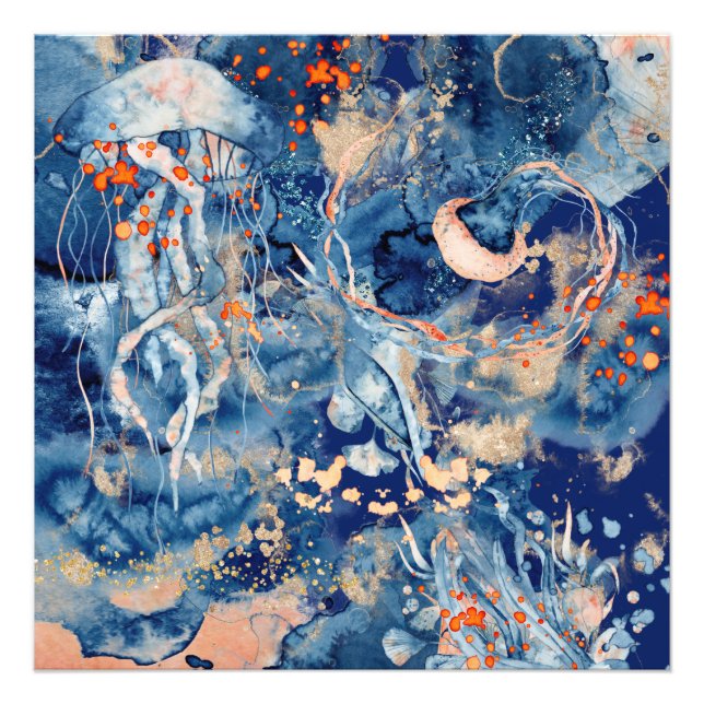 Meerwasserriff abstrakt-blaues Orangengold Fotodruck (Vorne)