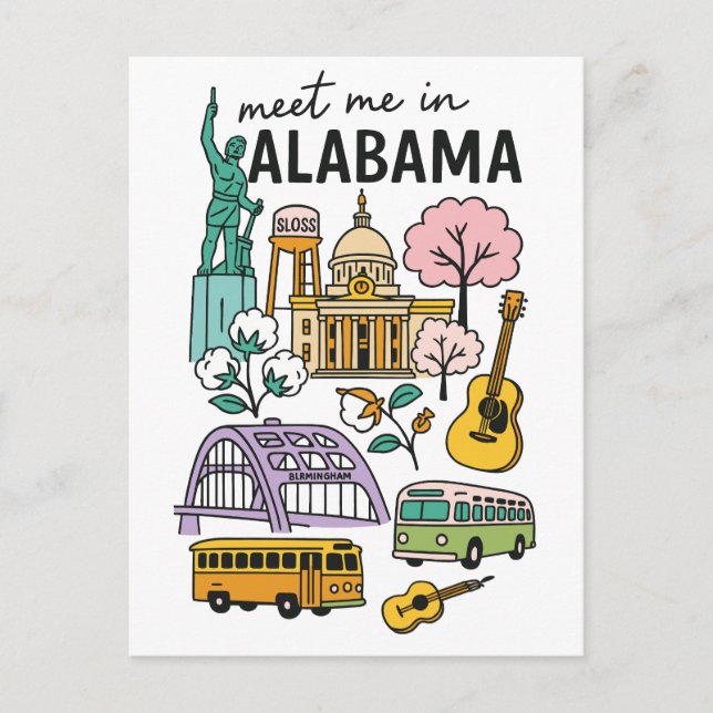 Meet Me In Alabama Iconic Landmarks Travel Postkarte (Vorderseite)