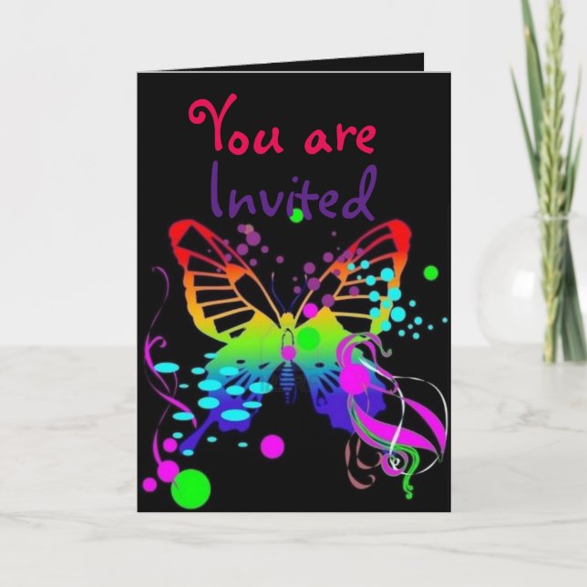Mega- Farbschmetterling auf Schwarz-KinderParty Einladung (Vorderseite)