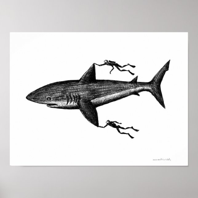 Megalodon shark and divers cool ink pen drawing poster (Vorne)