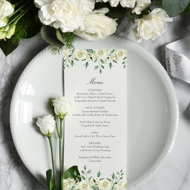 Megan Elegant White Blume Greenerity Wedding Menükarte (The elegant Megan wedding menu is perfect for a wedding in any season with its neutral color palette)