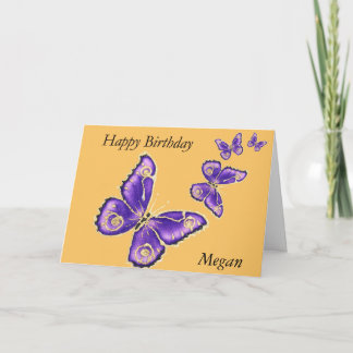Megan, Happy Birthday lila Schmetterlingkarte Karte