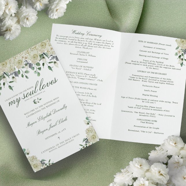 Megan Katholic Wedding Zeremony Programm Volle Mas (White flowers and greenery Catholic wedding program with Bible verse)