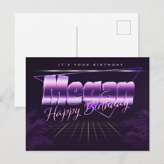 Megan prénom carte postale violette anniversaire (Devant / Derrière)