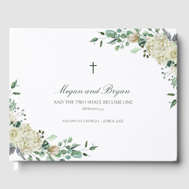 Megan White Floral & Greenerity Katholische Hochze Gästebuch (Vorderseite)
