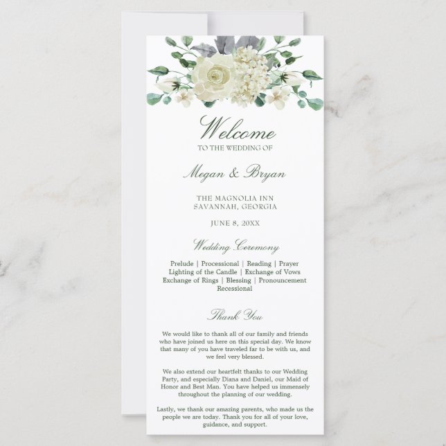 Megan White Floral Greenerity Wedding Programm (Vorderseite)