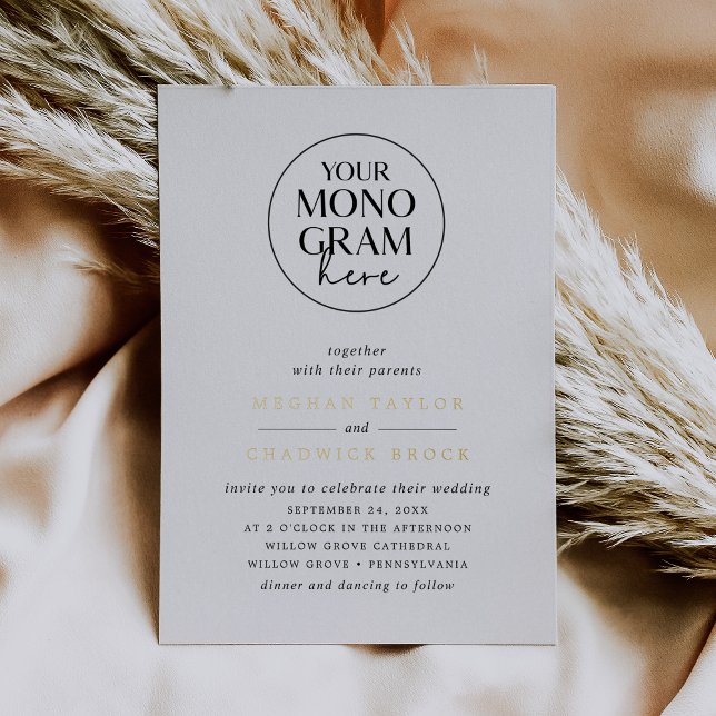 MEGHAN Schwarz-weiß Gold Monogram Elegante Hochzei Folieneinladung (MEGHAN Black White Gold Monogram Elegant Wedding Foil Invitation)