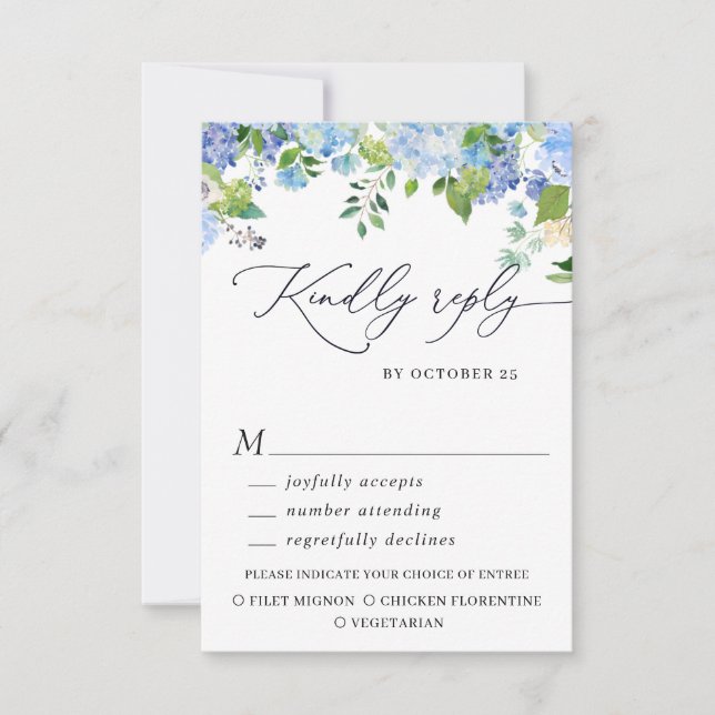 MEHL AUSWAHL Elegante Blue Hydrangea Wedding RSVP Karte (Vorderseite)