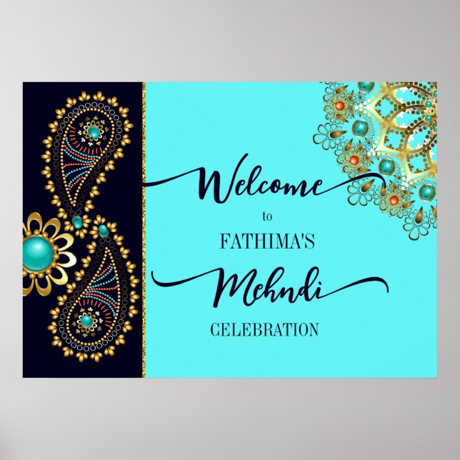 Mehndi aquamarin Goldschmuck Paisley Begrüßungszei Poster (Vorne)