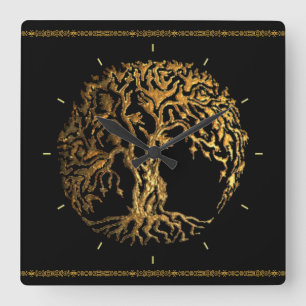 Mehndi Baum des Lebens (Gold) Quadratische Wanduhr