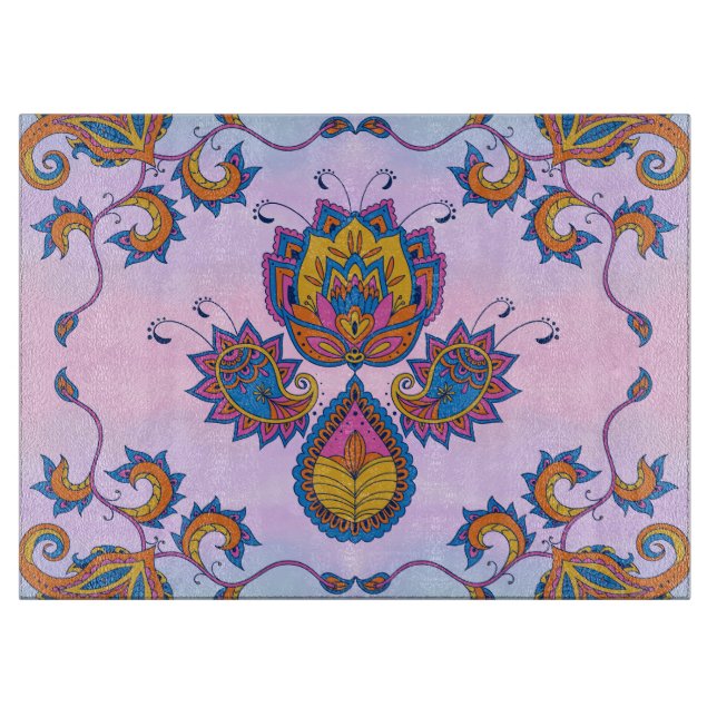 Mehndi Blue und Lila Blumenkunst, Blue Bliss Schneidebrett (Vorderseite)