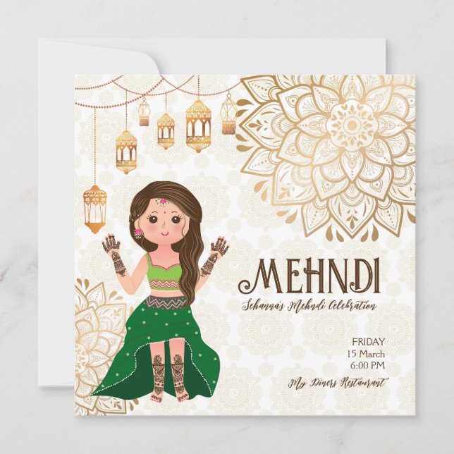 Mehndi budget invitation avec mignonne mariée indi (Devant)