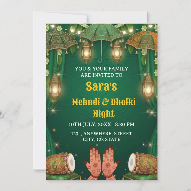  Mehndi & Dholki Night Ceremony Invitation Einladung (Vorderseite)