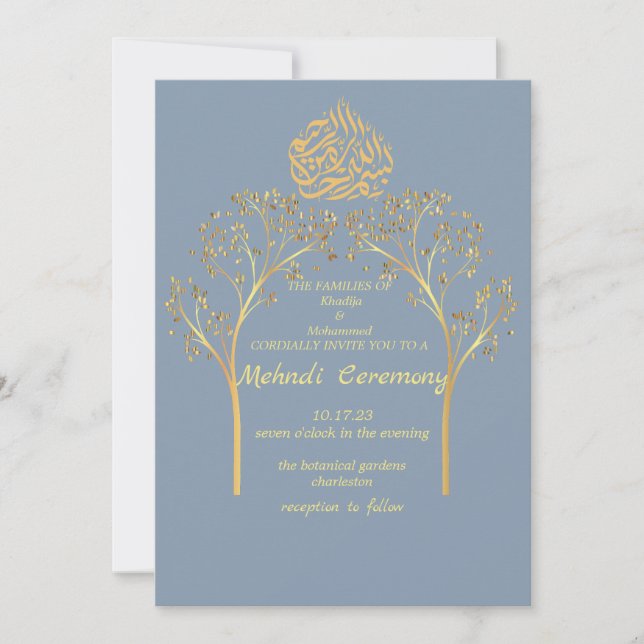 Mehndi Floral elegante DUSTY BLUE muslime wedung Einladung (Vorderseite)