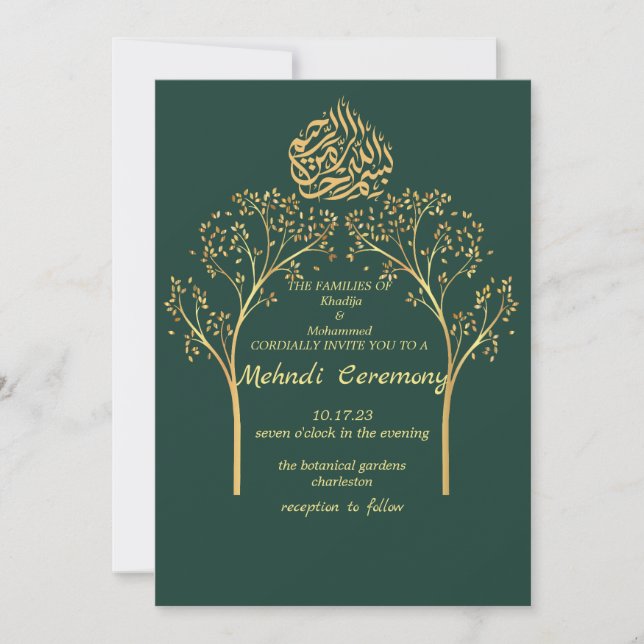 Mehndi Floral elegante EMERALDGREEN muslime wedung Einladung (Vorderseite)