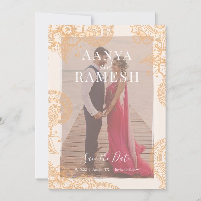 Mehndi Foto Wedding Save the Date Einladung (Vorderseite)