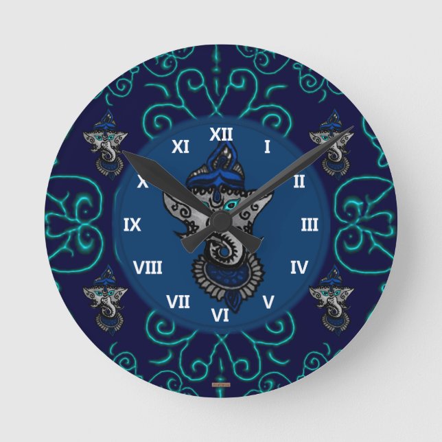 Mehndi Ganesha (blau) Runde Wanduhr (Vorderseite)