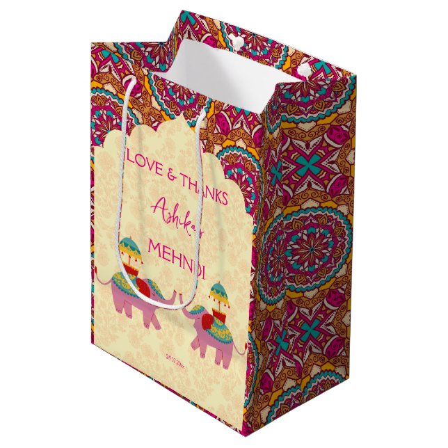 Mehndi Gunst niedliche Elefanten pink mandala Mittlere Geschenktüte (Vorderseite Schrägansicht)