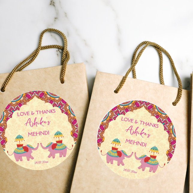 Mehndi Gunst niedliche Elefanten pink mandala Runder Aufkleber (Mehndi favor gift thank you stickers with cute wedding elephants cerise rangoli pattern)