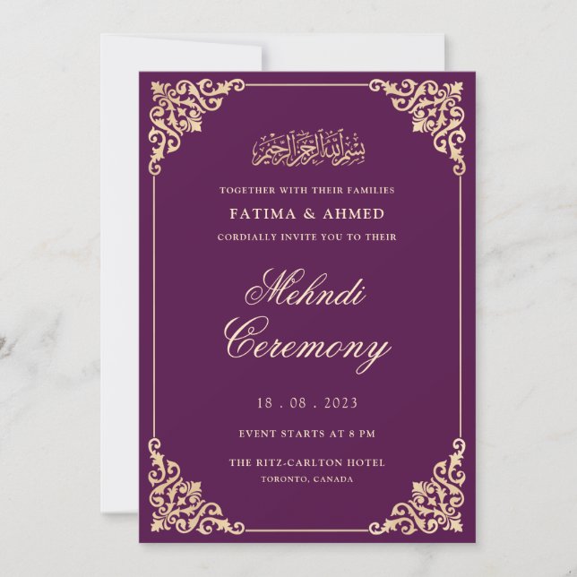 Mehndi Lila islamische Goldhochzeit Einladung (Vorderseite)