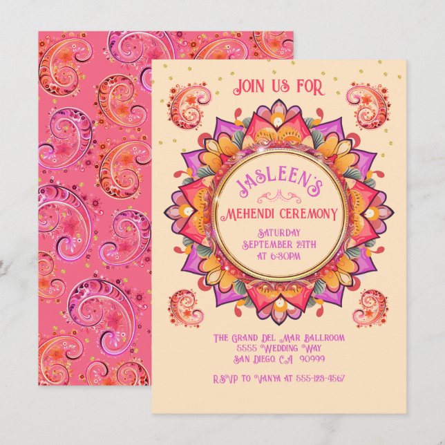 Mehndi Mandala Night Party Pink Gold Einladung (Vorne/Hinten)