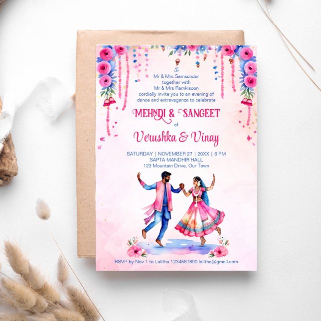 Mehndi Sangeet indische Hochzeit Brautpaar rosa Einladung (Mehndi sangeet pink blue dancing Indian wedding bridal couple editable template invitation digital)