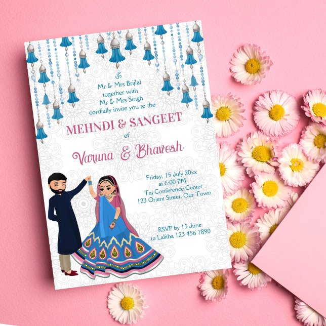 Mehndi sangeet invitation dansant mignon couple in (Mehndi sangeet editable template invitation digital download blue silver dancing cute Indian couple)