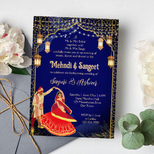Mehndi Sangeet navyblaues tanzendes indisches Paar Einladung